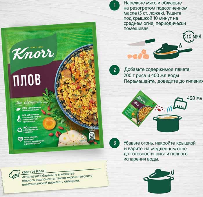 Инструкция по применению приправы для плова Knorr